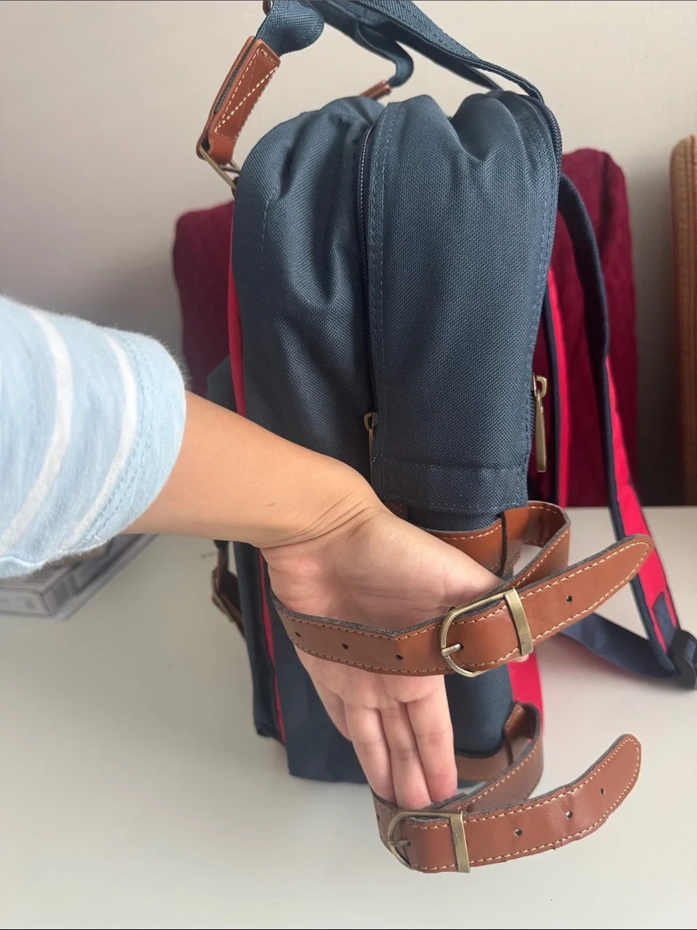 Navy and Red Canvas Backpack with Brown Trim
